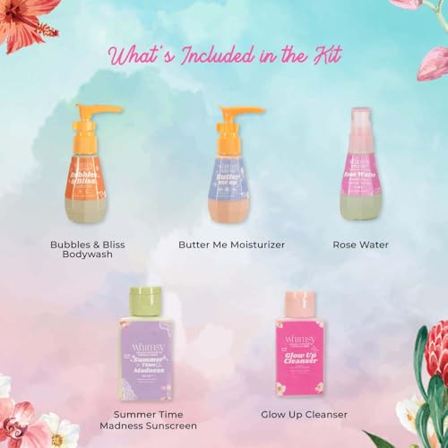 Image of Whimsy Beauty Mini Body Care Love Pouch Kit | Safe Non Toxic Body Care Set for Kids & Pre-Teens | Includes Moisturizer, Body Wash, Cleanser, Rose Water & Sunscreen | Vegan and Cruelty Free (Pack of 5)