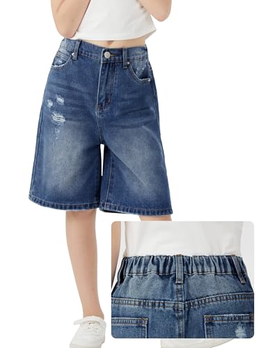 Image of Girls Shorts Elastic Waist Jorts Denim Jean Shorts Ripped Knee Length Bermuda Shorts for Kids Teen Girls Summer