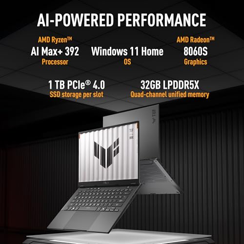 Image of ASUS TUF A14 (2026),AMD Ryzen AI MAX+ 392, AMD Radeon 8060S iGPU,32GB RAM,1TB SSD, QHD+, 14 inch(35.5 cm),Windows 11, M365 Basic(1Y)* Office 2024,Jaeger Gray,1.48 Kg,FA401EA-RG020WS, Creator /Gaming Laptop