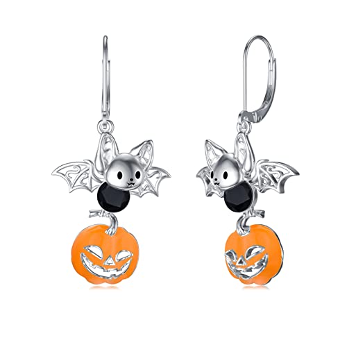 Dorunmo Halloween Earrings for Women 925 Sterling Silver Pumpkin Bat Black Cat Leverback Dangle Earrings Hypoallergenic Halloween Jewelry Gifts for Her - Main Image