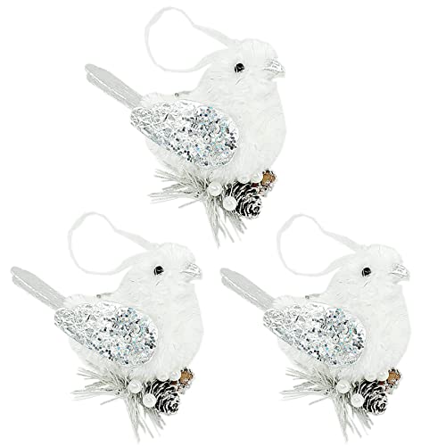 Nature Vibe Faux Fur White Silver Ornaments, Set Of 3 Furry Birds With Pinecone,Silver Woodland Animals Figurines As Winter Decor,Gifts For Festival #TOP1