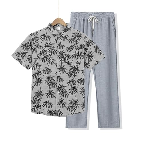 Ensemble en lin homme deux pièces élégant imprimé palmier taille ample - 7