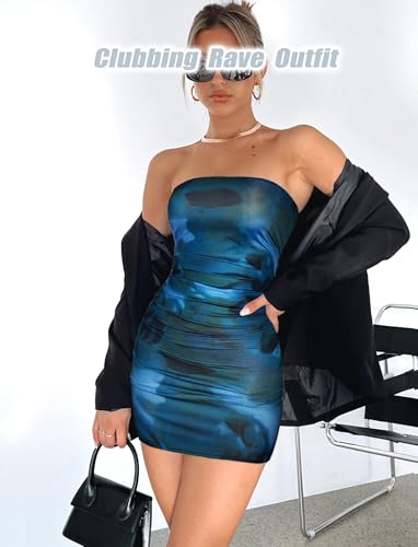 Summer Tube Mini Dresses for Women Trendy Y2k Ruched Going Out Club Rave Outfit Bodycon Short Bandeau Dress3