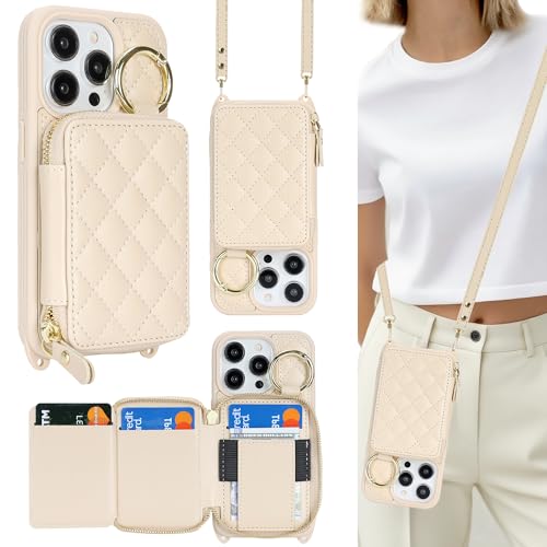 Etui coque iPhone 14 Pro cordon collier reglable beige porte-cartes anneau protection