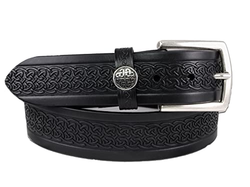 Imported Genuine Leather Belt for Men Italian Full Grain Vegetable Tanned with Celtic Weave Embossing, Made in Ireland