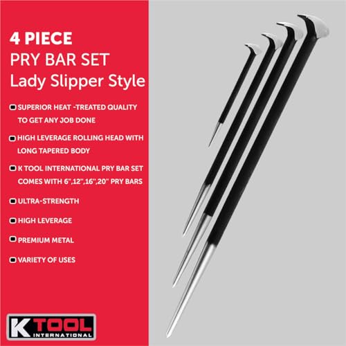 K Tool International 71600 4 Piece Pry Bar Set for Garages, Repair Shops, and DIY, Lady Slipper Style, Heavy Duty Heat Treated Steel, Rolling Head, Organizing Case, Includes Sizes 6", 12", 16", 20" - Image 5