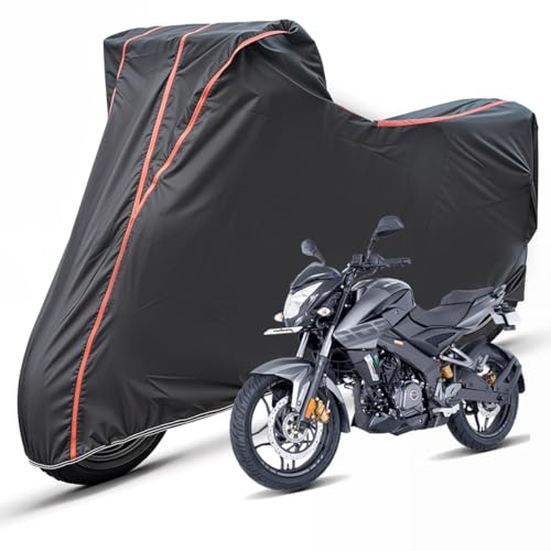 Image of Two Wheelers Bike Body Cover Compatible for Bajaj Pulsar NS200, UV Resistant, Dustproof, Triple Stitched, Elastic Bottom, Red Piping Motorcycle Cover (Black, Pack of 1)