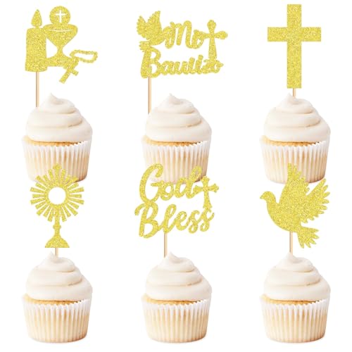 TAXTYHRE Baptême Décoration de Gâteau, 24 Pièces Cake Toppers Communion, Forme Croix Pigeon Or Gâteau Topper, pour Baby Shower Communion Confirmation Mariage Anniversaire Fête