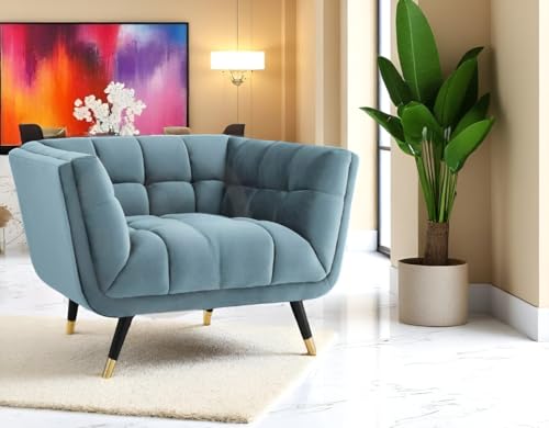 DESIGNER LIBRARY Sheesham Wood Velvet Armchair Sky Blue - Image 2