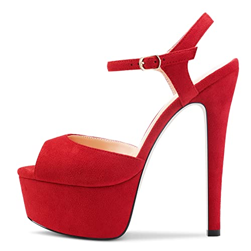 NobleOnly Femmes Aiguille Haut High Talon Heel Plate-forme Lanières Cheville 15 CM Heels Sexy Clear Mariage Ouvert Bout Sandales Rouge Suède 39 EU Cover
