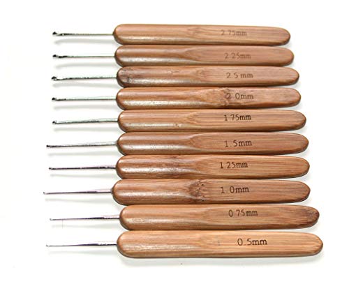 Winture 10 PCS Dreadlock Crochet Hook Crochet Hair Needle Braid Craft Bamboo Handle Knitting Needles Kits (0.5mm, 0.75mm,1.0 mm,1.25mm, 1.5mm,1.75mm, 2.0mm, 2.25mm, 2.5mm,2.75mm)