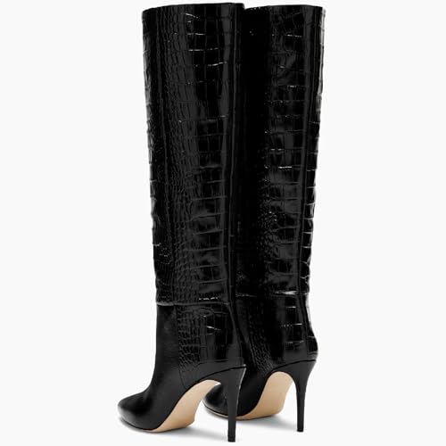 Women's Pointed Toe High Stiletto Heel Knee High Boots 3.94Inch/10cm Fashion Crocodile Calf Width Pull On High Heel Tall Boots Fall Winter Dressy Long Boots for Women3