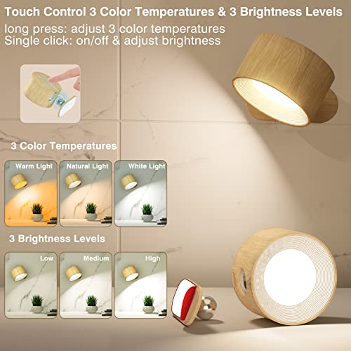 Image of Deyagoo LED Wall Sconce, Wall Mounted Lamp with Rechargeable Battery Operated USB Port 3 Color Temperature & 3 Brightness Level 360Rotate Magnetic Ball, Cordless Light for Reading Bedside-Wood