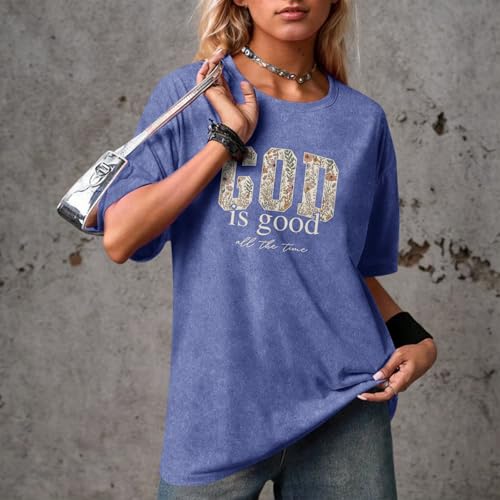 Image of Christian God is Good Shirts for Women Jesus Faith Religious T Shirts Floral Graphic Oversized Acid Washed Tee Tops