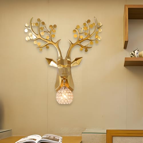 Image of Solo Decor Resin Deer Head Wall Sconce Gold Crystal Ball Light Fixture Modern Antler Design Light Lamp for Living Room,Bedroom and Office Wall Decoration(Without Bulb)