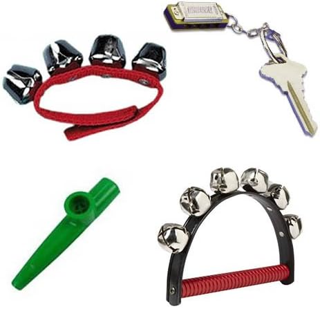 Musical Stocking Stuffer Bundle - Green Kazoo, Red Wrist Bells, Jingle Bells, Mini Harmonica Keychain