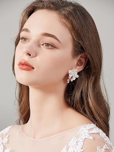 Handmade Ceramic Flower Pearl Stud Earring Drop, White Wedding Prom Accessories Post Earrings Jewelry for Brides Women3