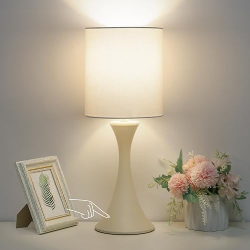 Seaside village Dimmable Bedside Lamp, 3 Way Touch Control Table Lamp, Modern Nightstand Lamp with Beige Shade and Cream Base, Small Desk Lamp for Living Room, Dorm, Home Office, 9W LED Bulb Included