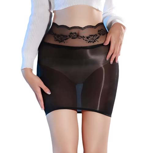 MANJIAMEI Jupe Crayon Courte Moulante Brillante pour Femme Look Wet Dentelle élastique Y2K idéale pour Rave fête et Nightclub Noir
