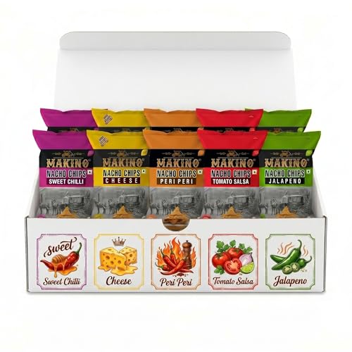 Image of Makino Nachos Chips Party Pack (Pack of 10-60g Each) | Assorted Flavors: Cheese, Jalapeno, Sweet Chilli, Peri Peri & Salsa | 40% Less Fat, Non-GMO Roasted Corn Snacks | Gluten-Free Healthy Munchies for Birthday Parties & Gatherings