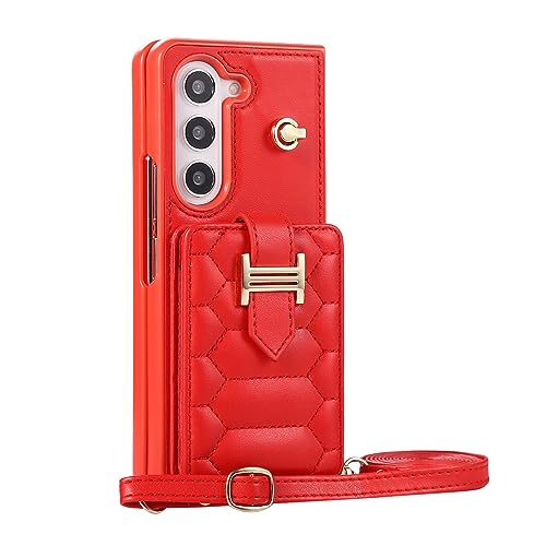 XIMAND for Samsung Galaxy Z Fold 5 Wallet Case with 2 Card Slots,Shockproof and Skin-Like Soft Leather,Stylish and Luxurious Perfect for Women.(Red)