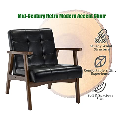 Altrobene Accent Mid Century Modern Chair Retro Corner Lounge Reading Chair Faux Leather Armchair For Living Room/Bedroom, Black #TOP3