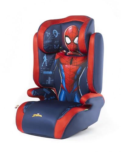 Marvel Seggiolino auto Spiderman per la sicurezza dei bambini con altezza da 100 a 150 cm con grafiche del sepereroe uomo ragnno su fondo rosso e blu