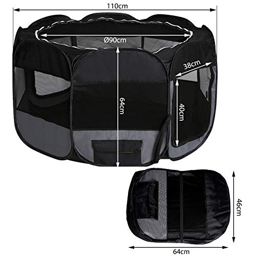 lionto Welpenauslauf faltbar aus Oxfordgewebe & atmungsaktivem Netzstoff, Ø 110cm, Höhe 64 cm, Laufstall für innen & außen mit 2 Eingängen, Pop-up-System, inkl. Tragetasche & Heringe, schwarz/grau