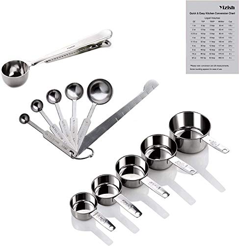 Wuudi - Juego de 5 tazas medidoras de acero inoxidable con cuchara y taza de medición, 6 cucharas medidoras + 1 regla de medición multifunción para cocina