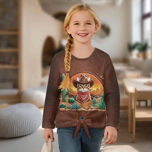 Casual Girls T-Shirt with Front Knot,Loose Crew Neck Girls Long Sleeve Shirt for School4