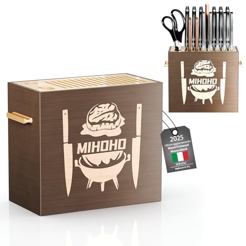 Ceppo Portacoltelli Universale Legno, portacoltelli in legno/organizzatore per coltelli, contenitore unico per coltelli da banco con base antiscivolo (noce A)