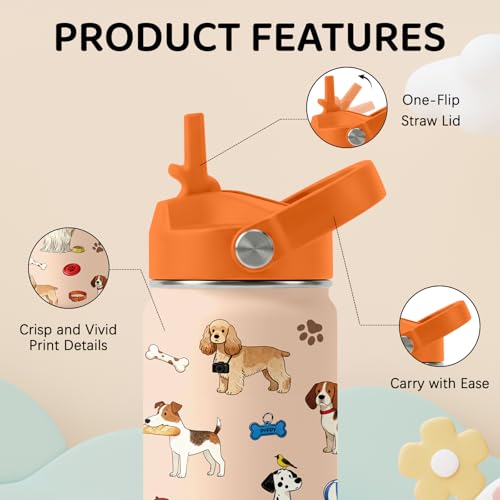 Image of Dog Water Bottle for Son & Daughter, Stainless Steel Insulated Tumbler with Straw Lid and Handle, 12oz Reusable Leak-Proof Bottle for Sports