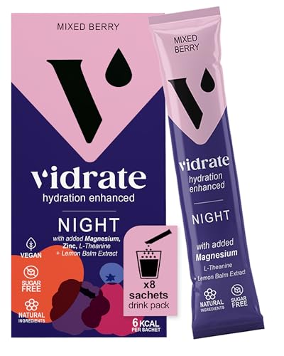 Vidrate Electrolytes Powder - Hydration Sachets Packed with Vitamins - Zero Sugar Rehydration Sachet with No Artificial Sweeteners - Night Time Mixed Berry Small Pack 8 Electrolytes Sachets option
