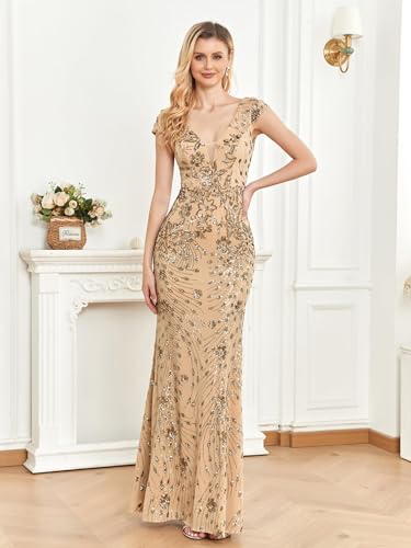 Image of Womens Sequined Long Evening Gown Glamous Sleeveless V-Neck Mermaid Prom Dress for Wedding Party Club Occasions