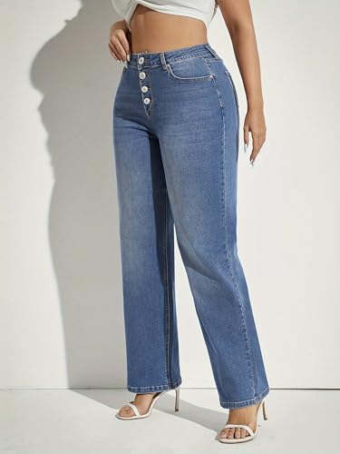Plus Size High Waist Button Fly Wide Leg Jeans for Women – Stretch Denim Straight Leg Pants with Pockets3