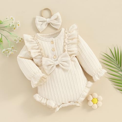 ZAXARRA Infant Baby Girls Fall Outfits Button Front Ruffle Long Sleeve One piece Rompers Cute Newborn Headband Clothing Sets4