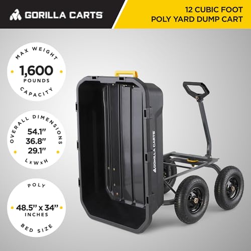 Gorilla Carts Heavy-Duty Poly Yard Dump Cart, 12 Cu Ft Tub, 1600 lb Haul Capacity, Black – Towable Utility Wagon with Quick-Release Dumping & Pneumatic Tires for Landscaping and Gardening