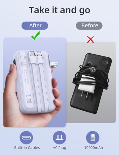 Image of RORRY Portable Charger w /Wall Plug 10000mAh Power Bank 22.5W Battery Pack | Built in Cables, Fast Charging, for iPhone, iPad, Samsung Galaxy, Pixel, LG, Travel Essential, Digital Display, Pocket Size