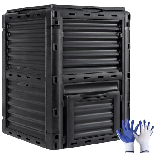 JupiterForce Garden Compost Bin 80 Gallon (300 L) from BPA Free Material, Large Composting Bin Outdoor Composter with Gloves, Easy Assembling, Fast Creation of Fertile Soil, Lightweight, Black