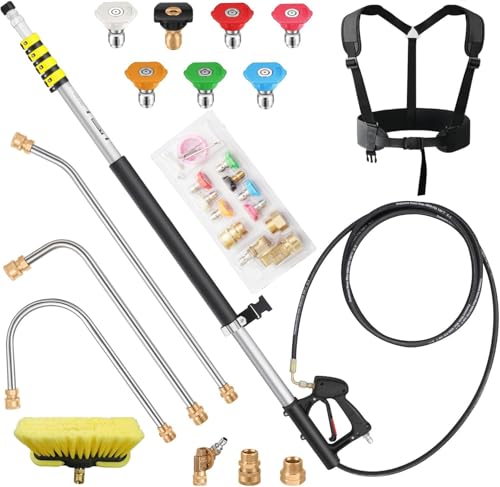 ExtraFein 24 FT Telescoping Pressure Washer Wand Extension, Power Washer Extension Wand with Brush Head, 7 Nozzle Tips, 3 Adapters & Support Harness, Gutter Cleaning Tools for 2 Story House