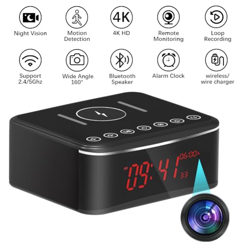 Vishangyaes Hidden Camera Motion Activated/Stronger Night Vision/160°View Angle/4K,Spy Camera Camaras Espias Ocultas With Bluetooth Speaker,Alarm Clock,Wireless/Wire Charger thumb #1