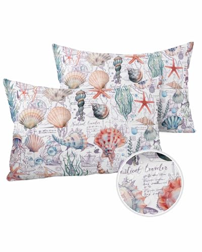 Nautical Coastal Outdoor Pillow Cover 12x20 Inch Cushion Sham Case,Waterproof Decorative Lumbar Throw Pillowcase for Outside Garden Patio Porch Couch Chair Tent Starfish Shell Conch Jellyfish Seaweed