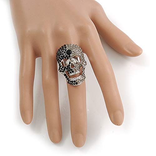 Bague de cocktail tête de mort cristal noir gris réglable 7 8