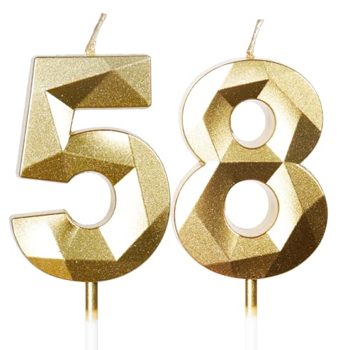 Bougies d'Anniversaire 58 Ans Dorées - Numéro 58 Or - Bougies Dorées pour Gâteau - Décoration de Fête Brillante - Anniversaire, Mariage, Fête, Cérémonie
