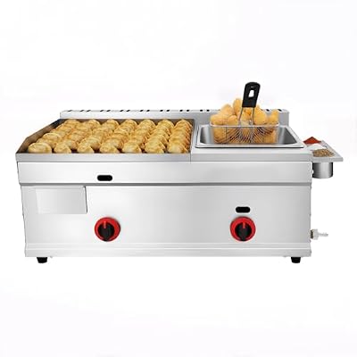 CRYBY Gas Griddle, 6L/1.59Gal Stainless Steel Griddle & Deep Fryer Combo Gas Deep Fryer Gas Grill Griddle with Oil Draining Basket, Lid & 3 Spice Boxes, Commercial Griddle with Fryer for RV, Camping