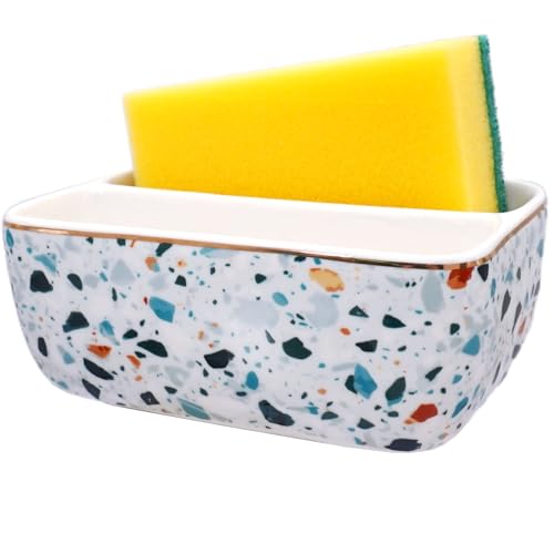 LEAZUL 2 Compartments Ceramic Sponge Holder for Kitchen Sink, Cute Floral Countertop Dish Sponges Holder Soap Sink Organizer Farmhouse Caddy (Blue Terrazzo)