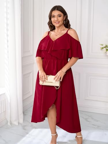 Womens Plus Size Cold Shoulder Dress Short Sleeve Ruffle Summer Sundress High Low Flowy Maxi Long Dresses2