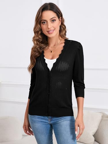 Women's Summer Cardigans Lightweight 3/4 Sleeve Button Front Crochet Sweater Shrugs2