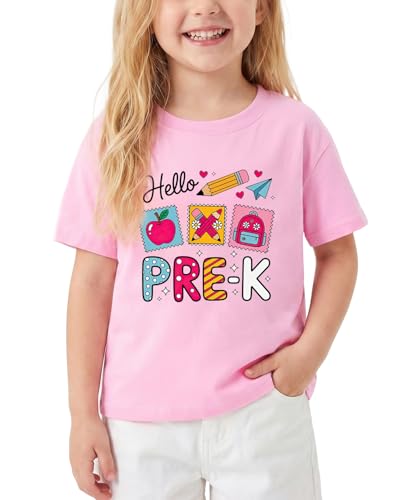 First Day of Pre-K Shirt Back to School T-Shirt Toddler Kindergarten Outfit Funny Graphic Tee for Girls Cotton 2T-6Y
