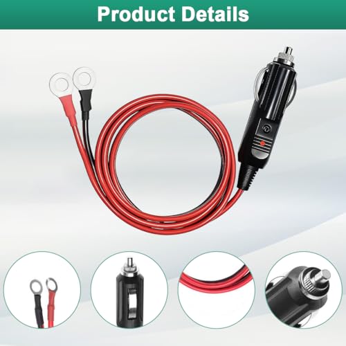 Image of STHIRA 6.6ft Car Cigarette Lighter Plug to Ring Terminal Cable, 12V /24V DC Power Adapter Cord with Red & Black Ring Terminals for Inverter, Air Compressor, Battery & Automotive Devices